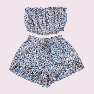 Summer Two Piece Boho Floral Tube Crop Top and Shorts